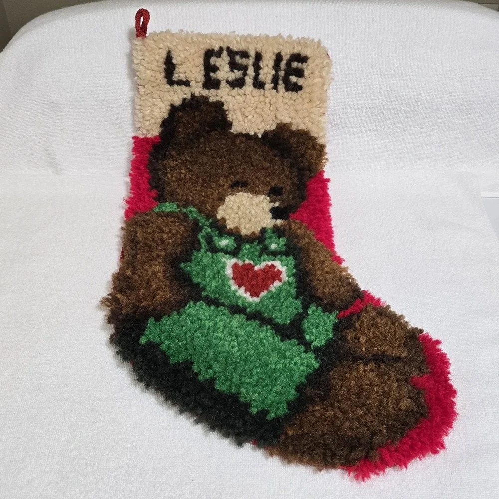 VTG Latch Hook Teddy‎ Bear Christmas Stocking Finished 20